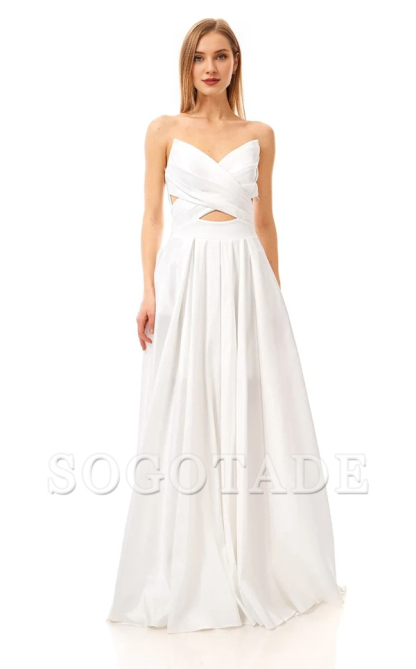 A-line V-neck satin strapless and floor length Prom dress