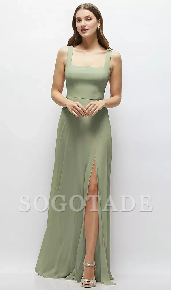 Round skirt square neck chiffon extra long bridesmaid dress
