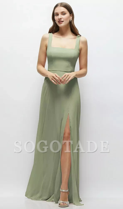 Round skirt square neck chiffon extra long bridesmaid dress