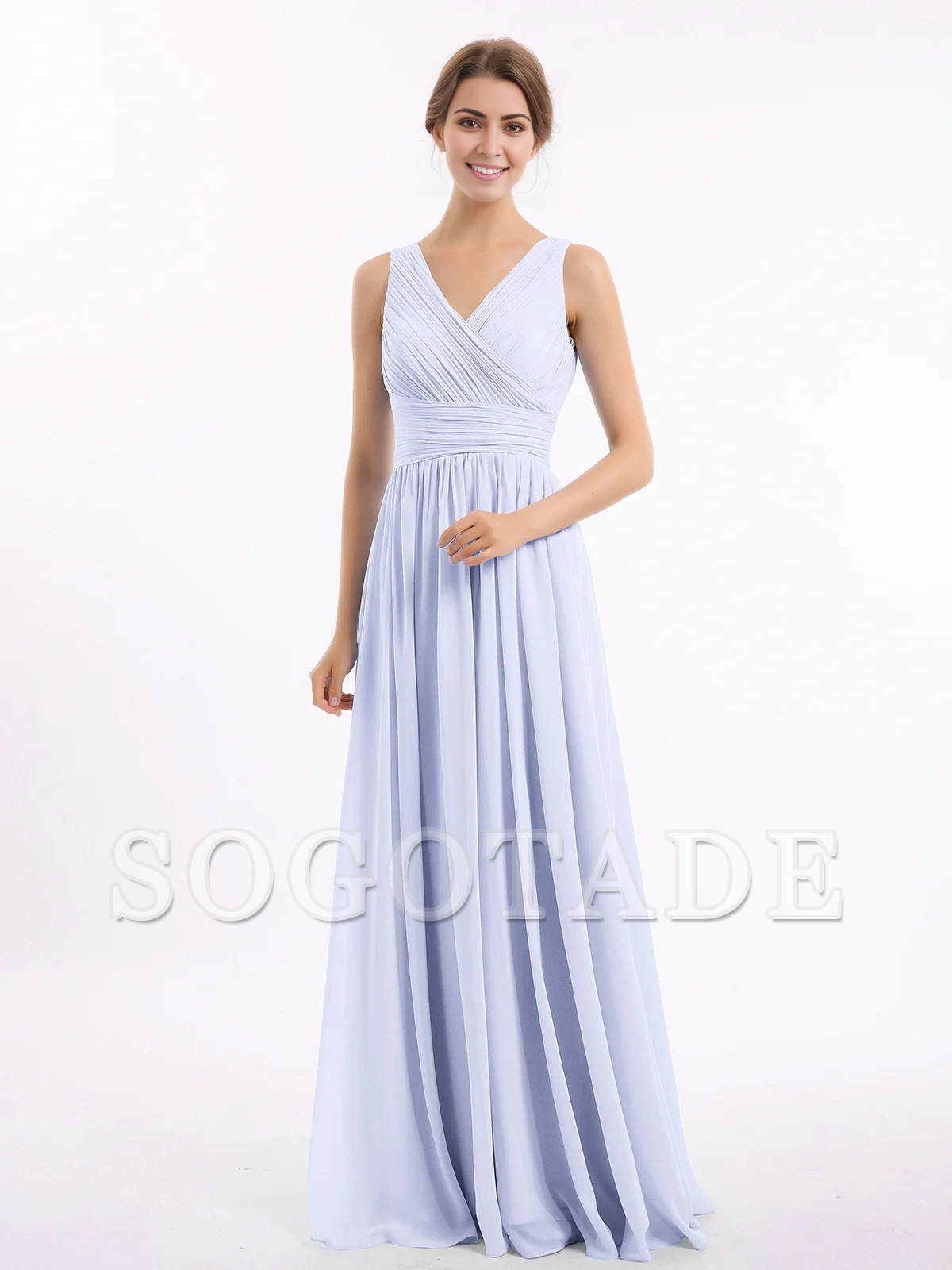 V-neck and floor chiffon dress