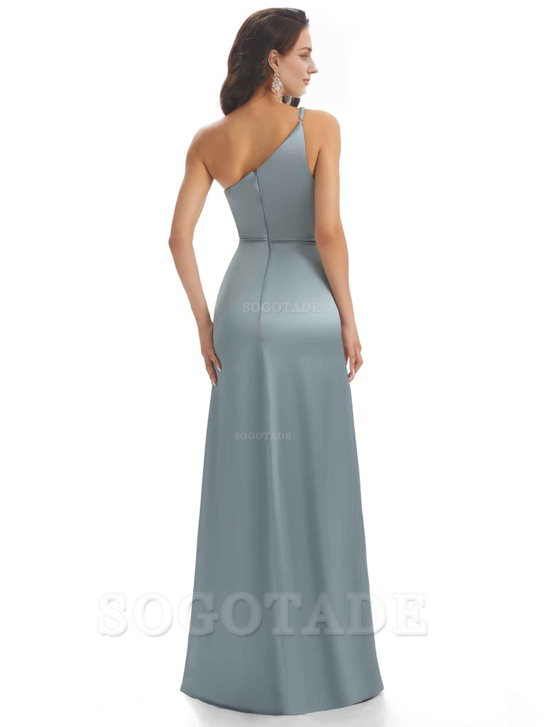 Sexy Soft Satin One Shoulder Side Slit Mermaid Long Bridesmaid Dresses prom dress shop ﻿