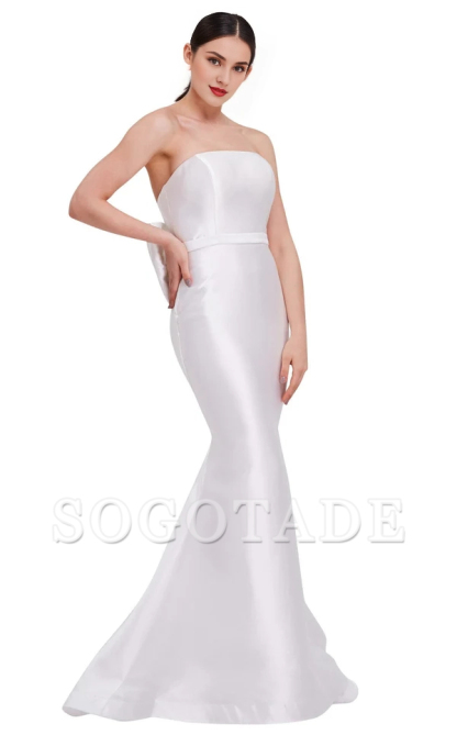 Off shoulder straight neckline, back bow and floor length evening gown