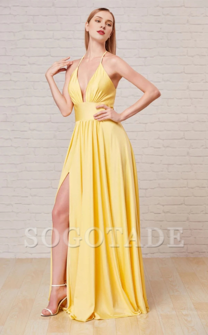 A-line V-neckline sleeveless tight corset and floor length gown evening dresses