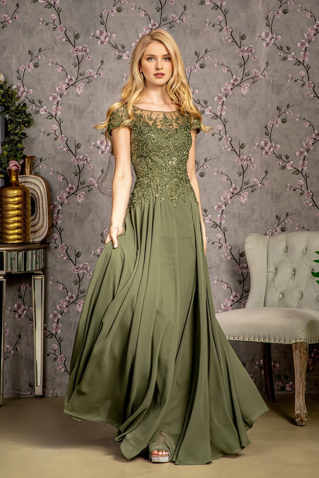 Embroidered long short sleeved chiffon dress with sequins