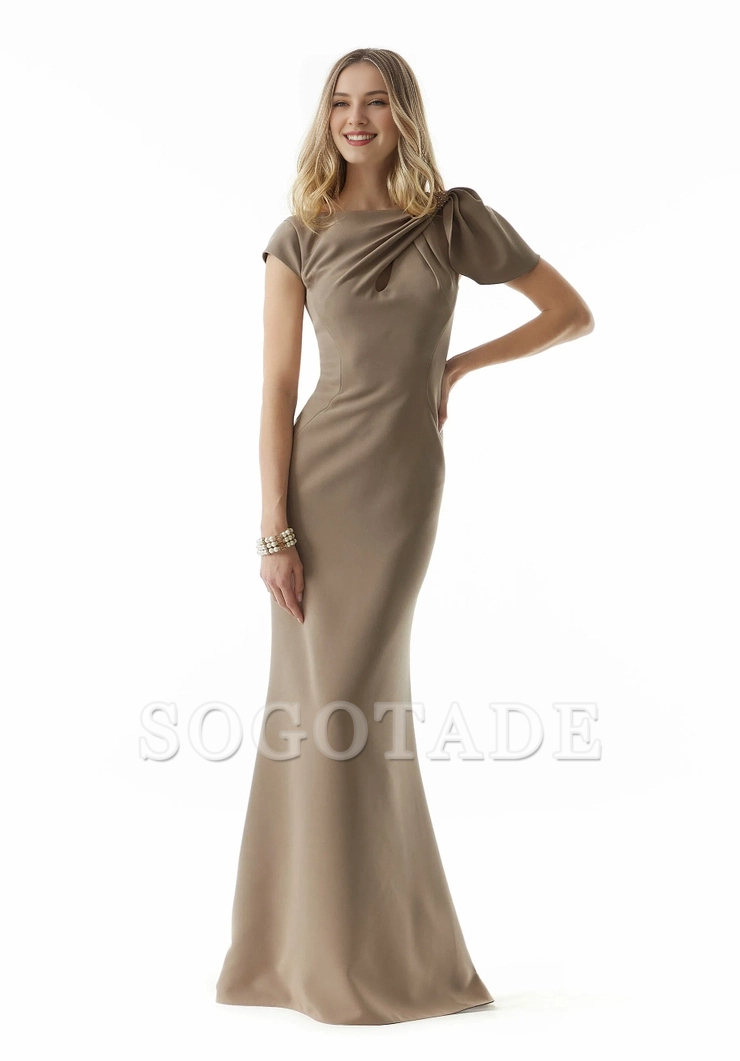crepe fabric one neck short sleeved tight corset shoulder bow evening dress
