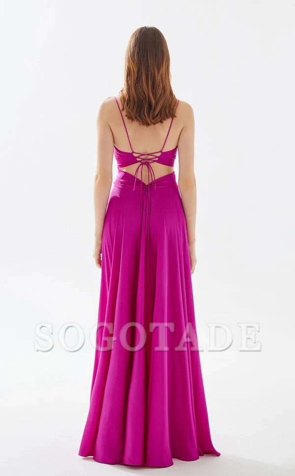 A-line deep V-neck thin shoulder strap and floor length evening dress-SOGOTADE