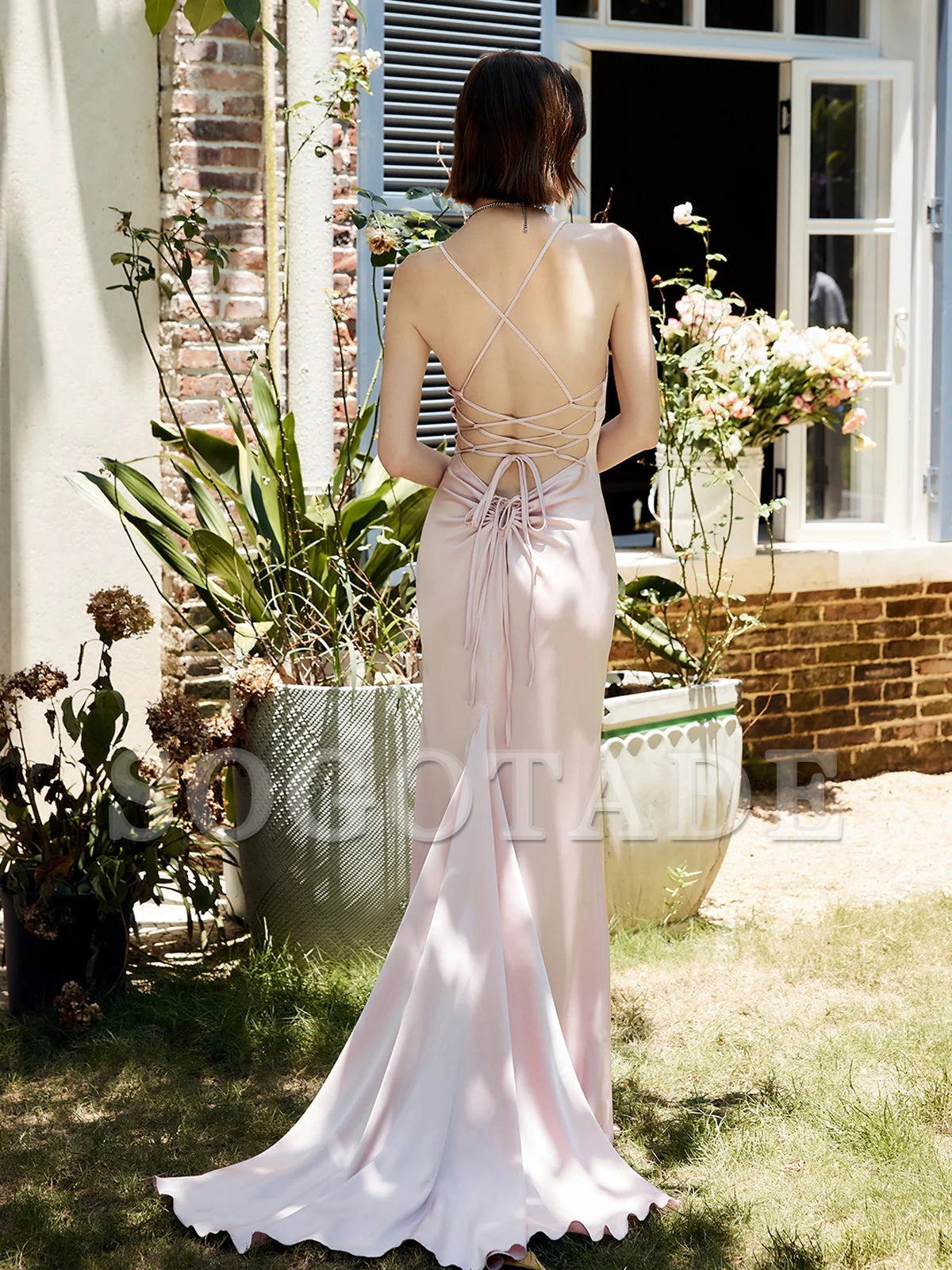 Drawstring backless lace up long godons evening dresses