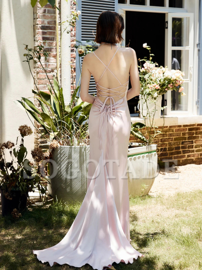 Drawstring backless lace up long godons evening dresses