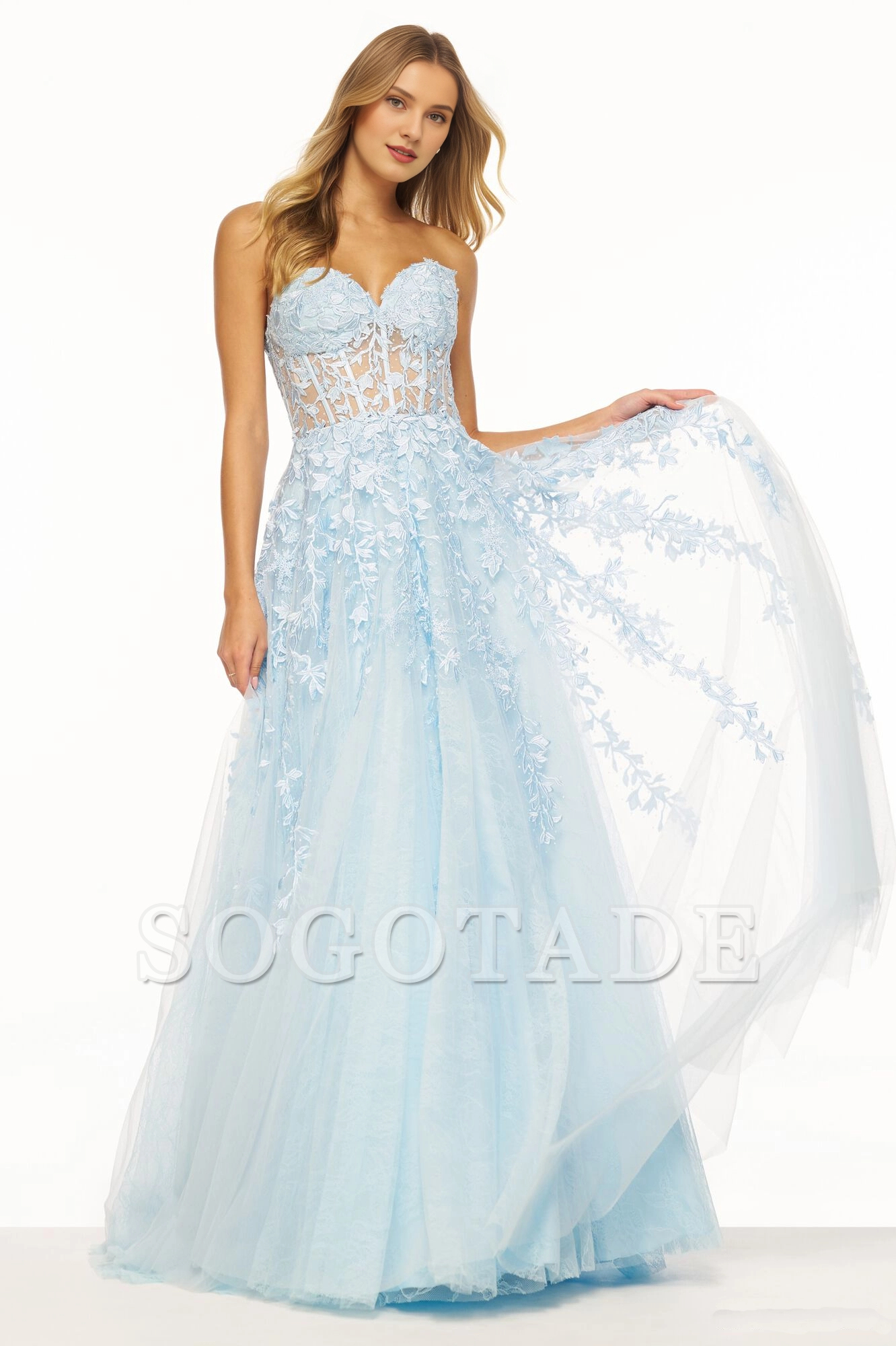Leaf lace embroidery A-line transparent tight corset with heart-shaped collar and back strap Prom dress