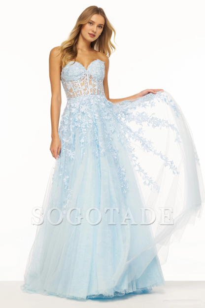Leaf lace embroidery A-line transparent tight corset with heart-shaped collar and back strap Prom dress
