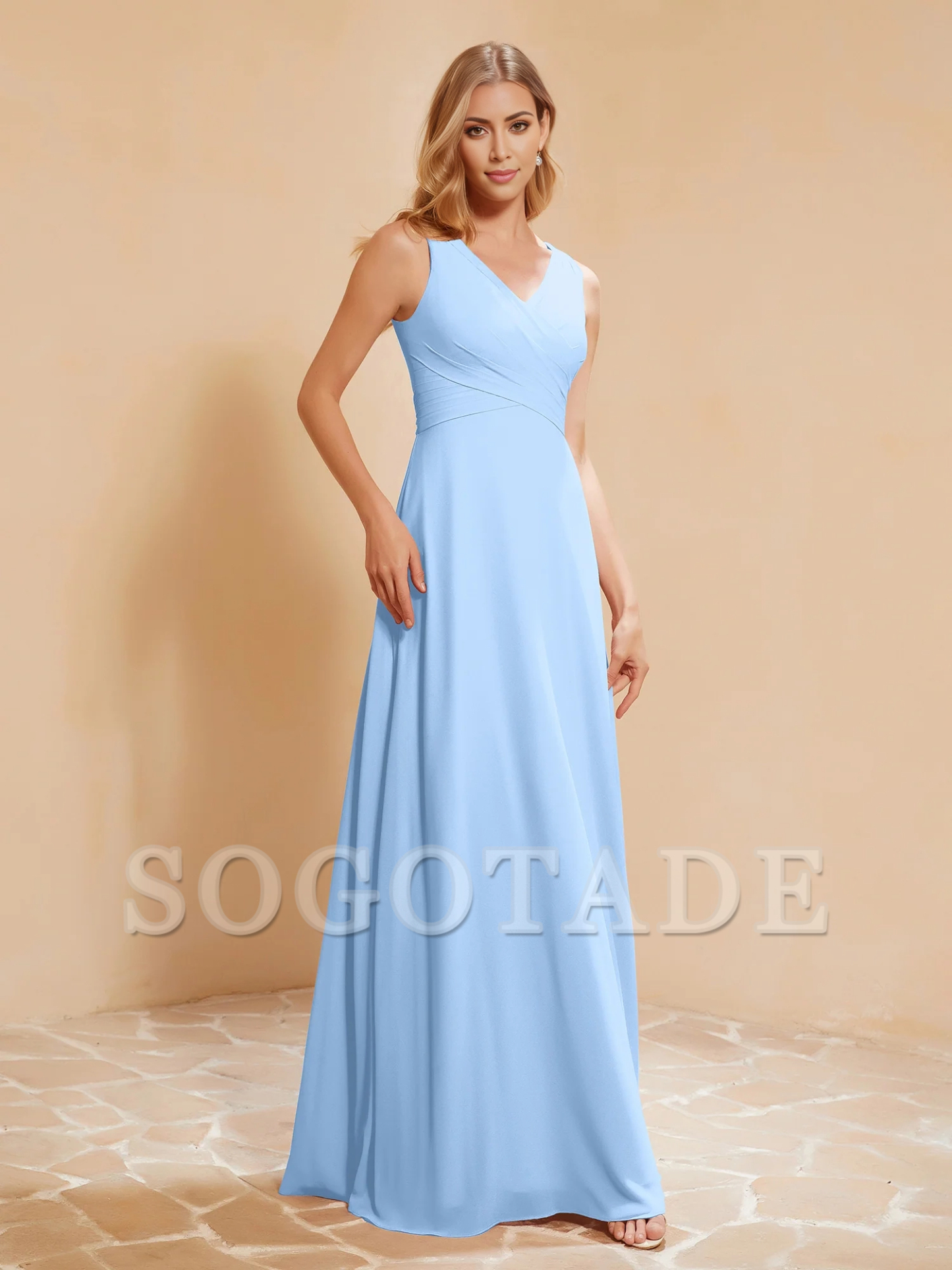 Bow pleated V-neck chiffon A-line dress