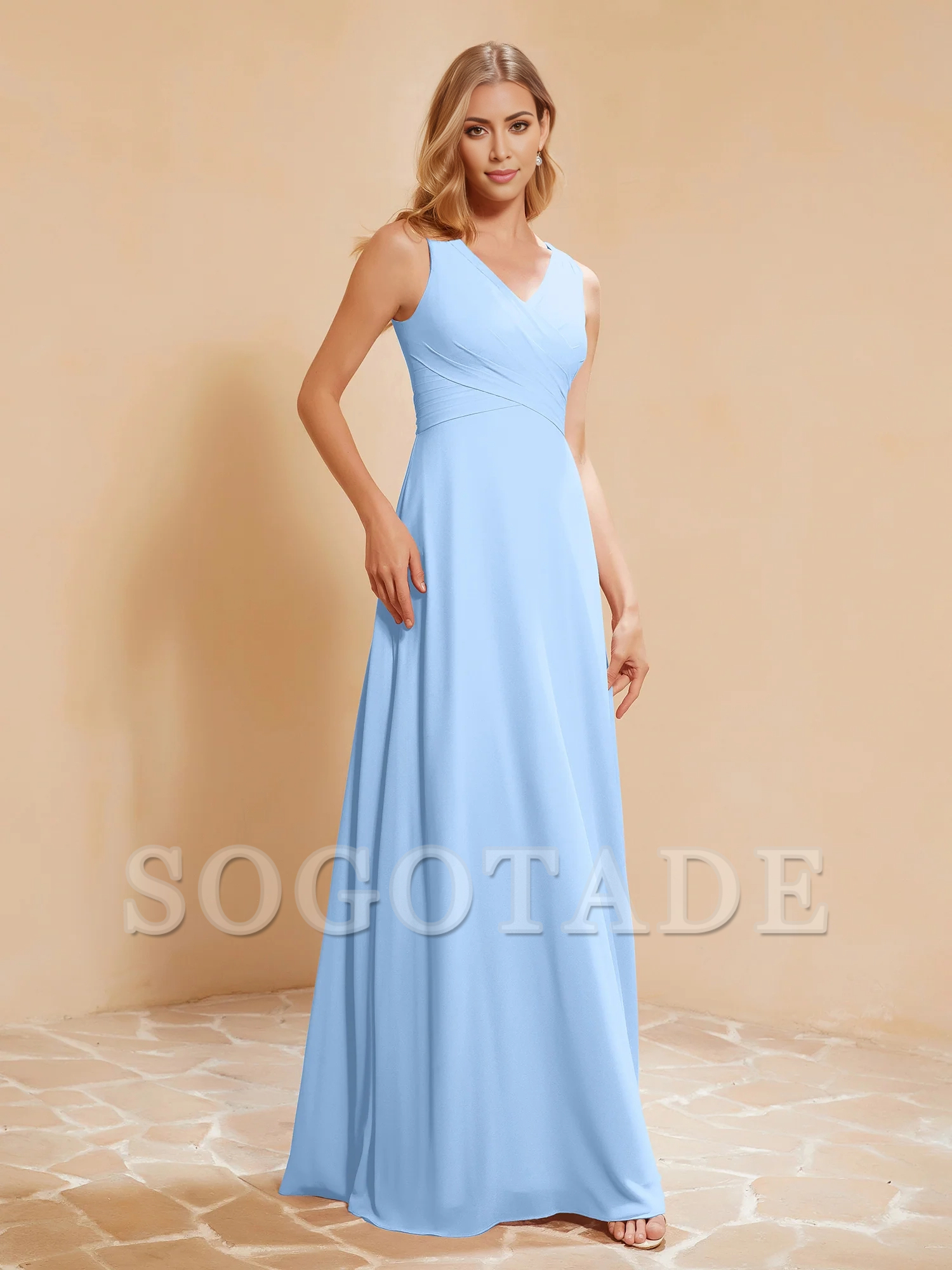 Bow pleated V-neck chiffon A-line dress