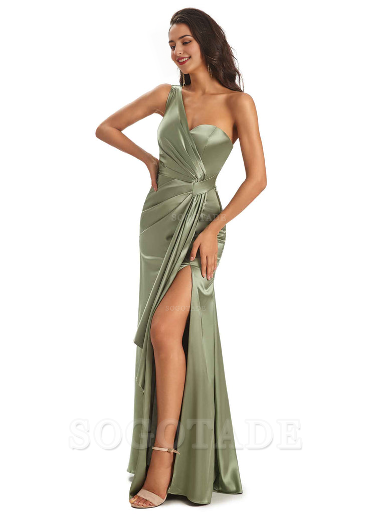 Elegant Soft Satin Side Slit One Shoulder Unique Mermaid Bridesmaid Dresses Online prom dresses shops