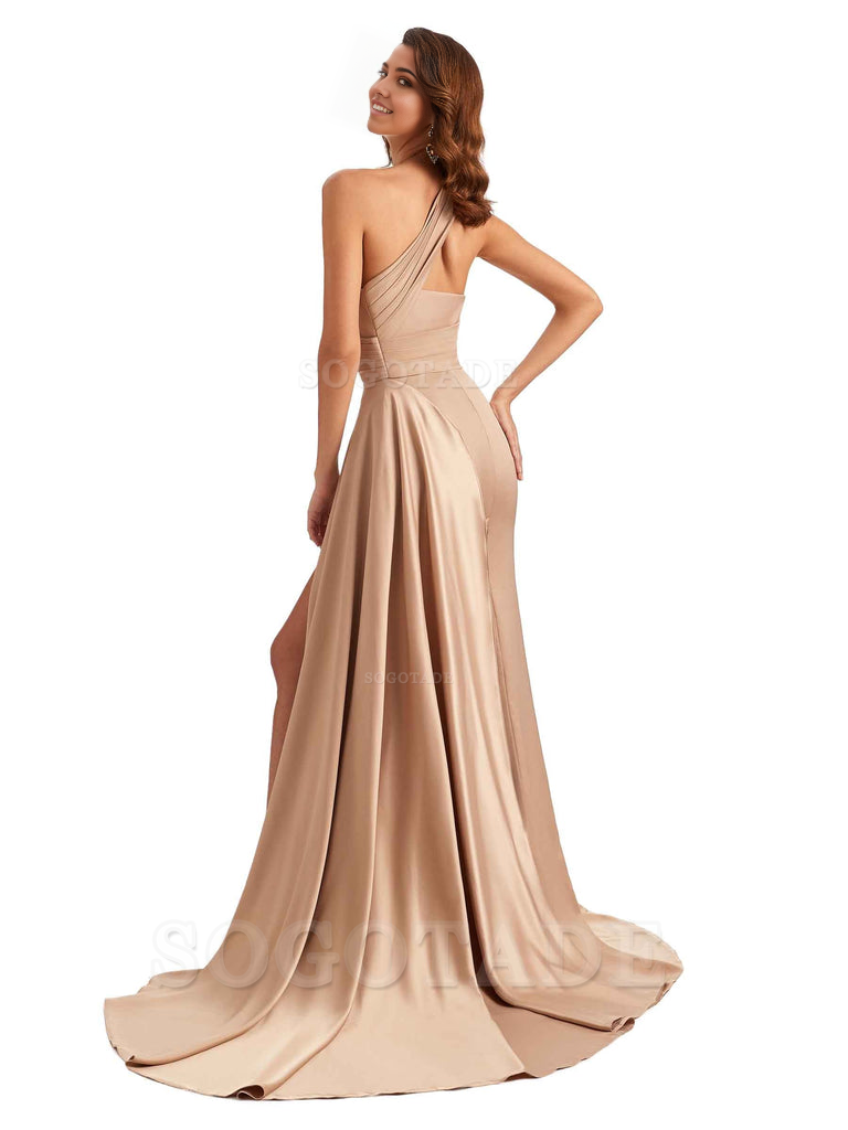 Mermaid One shoulder Satin formal dresses evening gown Bridesmaid Dresses With Side Slit 