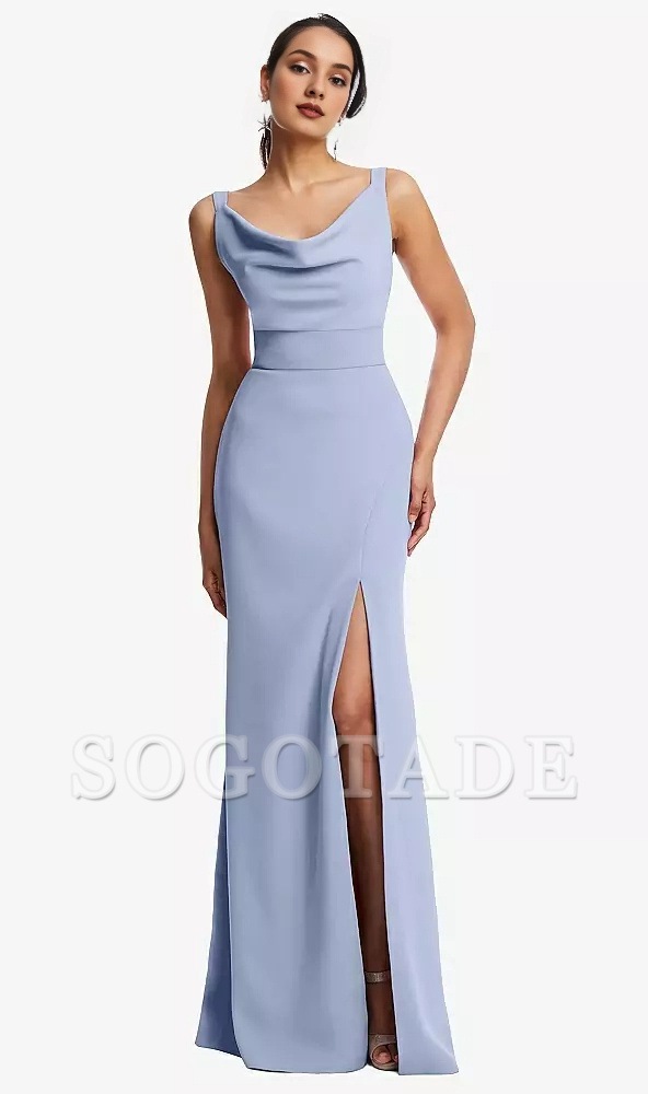 Front slit bucket collar wide shoulder strap crepe horn and floor length Prom dress