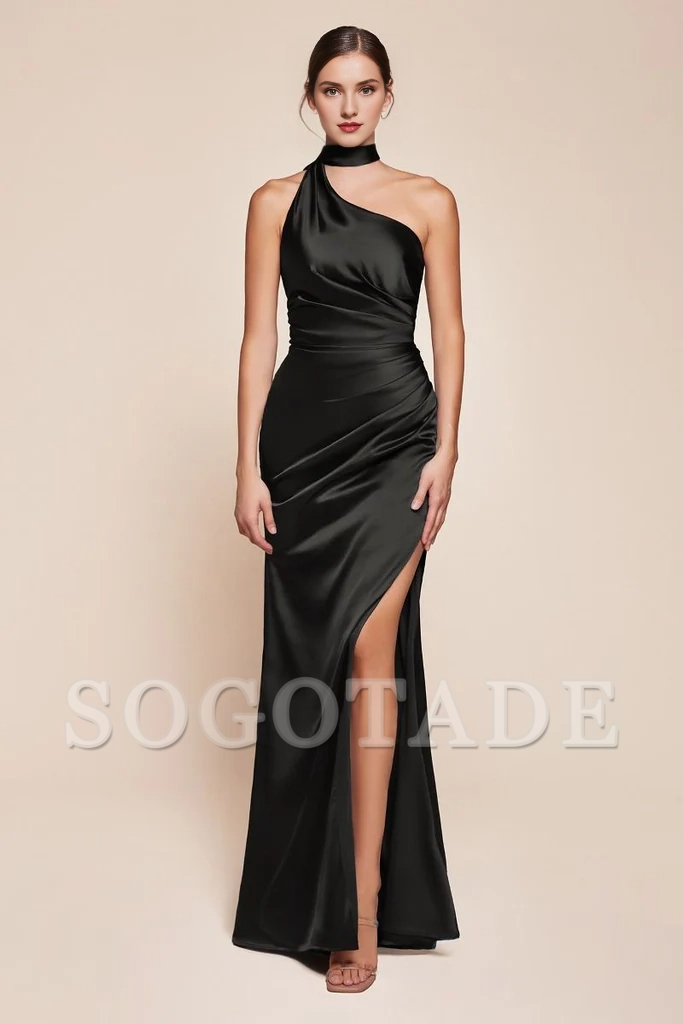 Luxury satin slim fit and floor length gown evening dresses on one shoulder