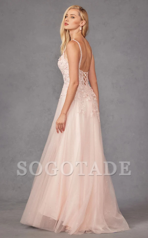 Thin shoulder strap V-neck backless lace decal sheer side slit and floor length Prom dress