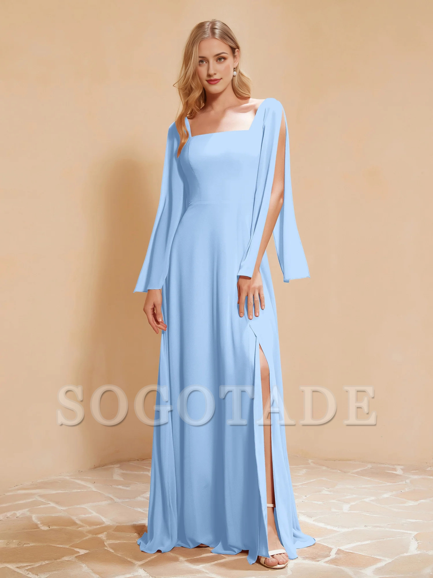 Square neck pleated chiffon and floor dress