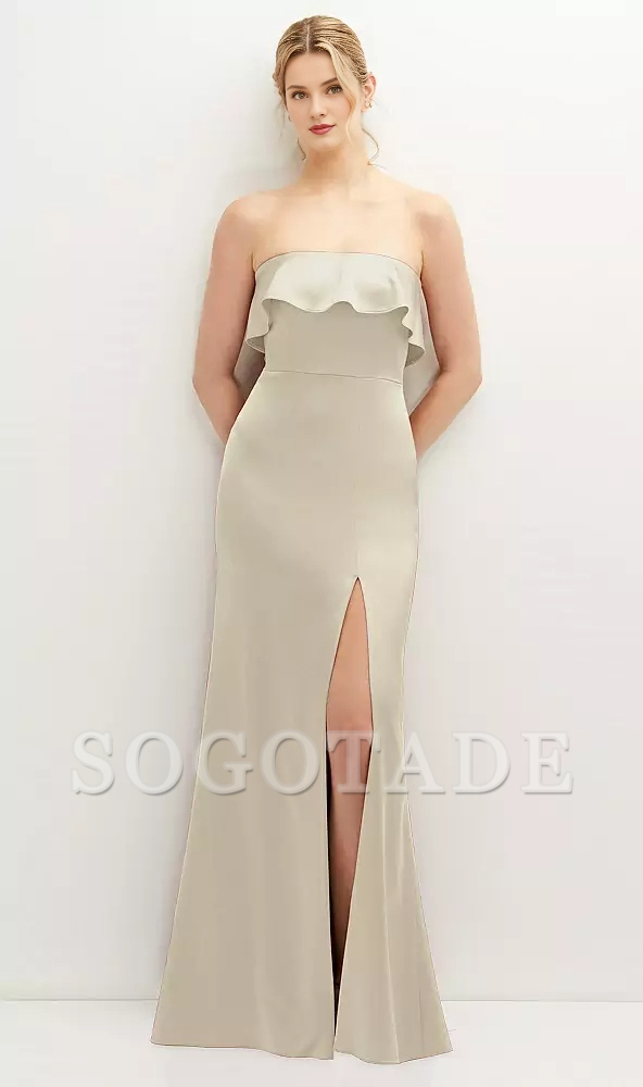 Soft ruffled edge strapless front slit horn and floor length Prom dress