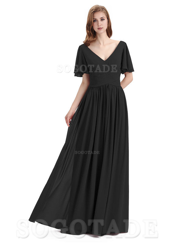 A-Line Chiffon Short Sleeves Elegant Floor-Length Bridesmaid Dresses Formal Women's Dresses Wedding Guests Dresses