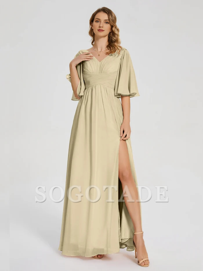 V-neck half sleeved chiffon mother of the bride dress