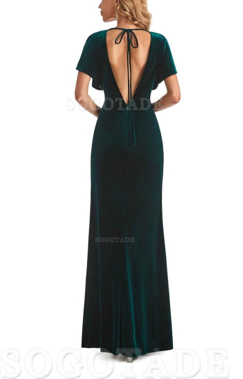 Mermaid Cultivate oneself V-Neck Short Sleeves Side Slit Velvet Long Elegant Simple Bridesmaid Dresses Formal Women's Dresses Wedding Guests Dresses