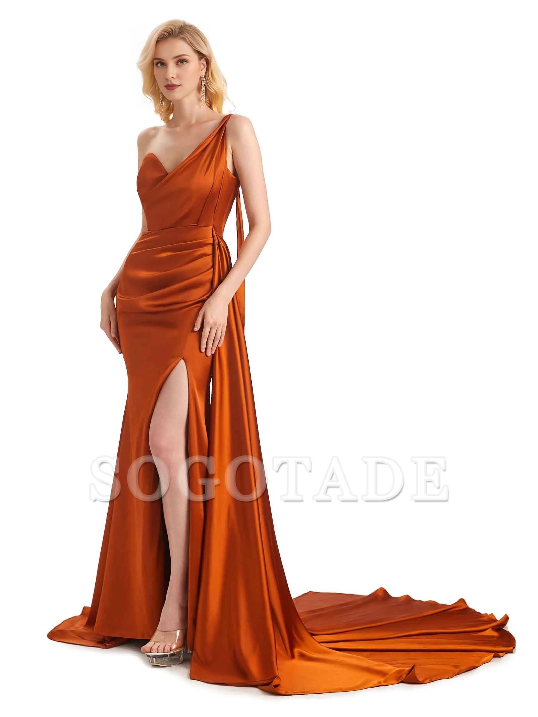 Sexy side slit shoulder long soft satin unique mermaid bridesmaid dress