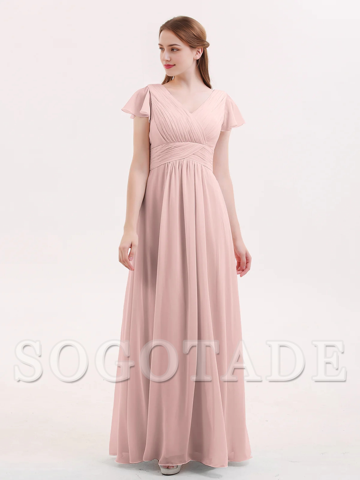 Hooded chiffon bridesmaid dress with long sleeves