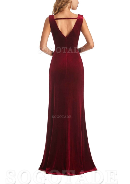 Sexy Deep V-Neck Sheath Velvet Side Slit Long Elegant Bridesmaid Dresses Formal Women's Dresses Wedding Guests Dresses