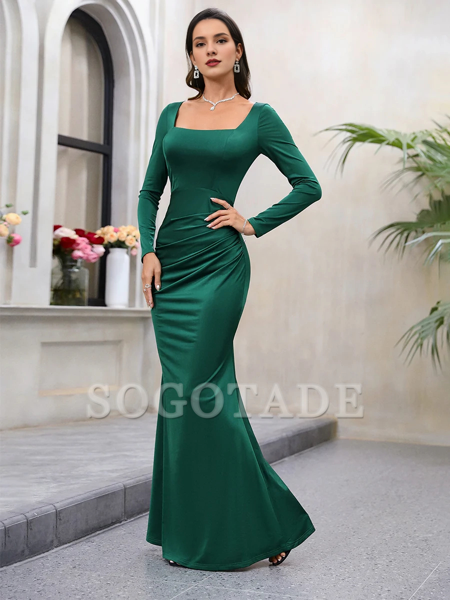 Mermaid square neck long sleeved and floor length gowns evening dresses