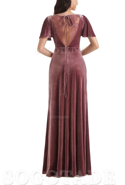V-Neck Sexy See Through Short Sleeves Lace up Velvet Long Bridesmaid Dresses Formal Women's Dresses Wedding Guests Dresses