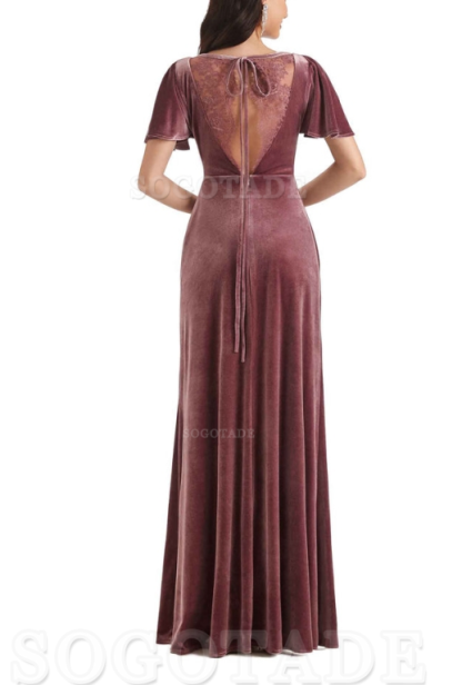 V-Neck Sexy See Through Short Sleeves Lace up Velvet Long Bridesmaid Dresses Formal Women's Dresses Wedding Guests Dresses