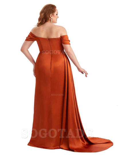  Sexy Side Slit Off The Shoulder Mermaid Soft Satin Long Plus Size Bridesmaid Dress For Wedding