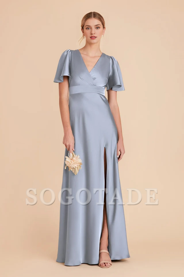A-line V-neck cross ruffle sleeves satin slit bridesmaid dress