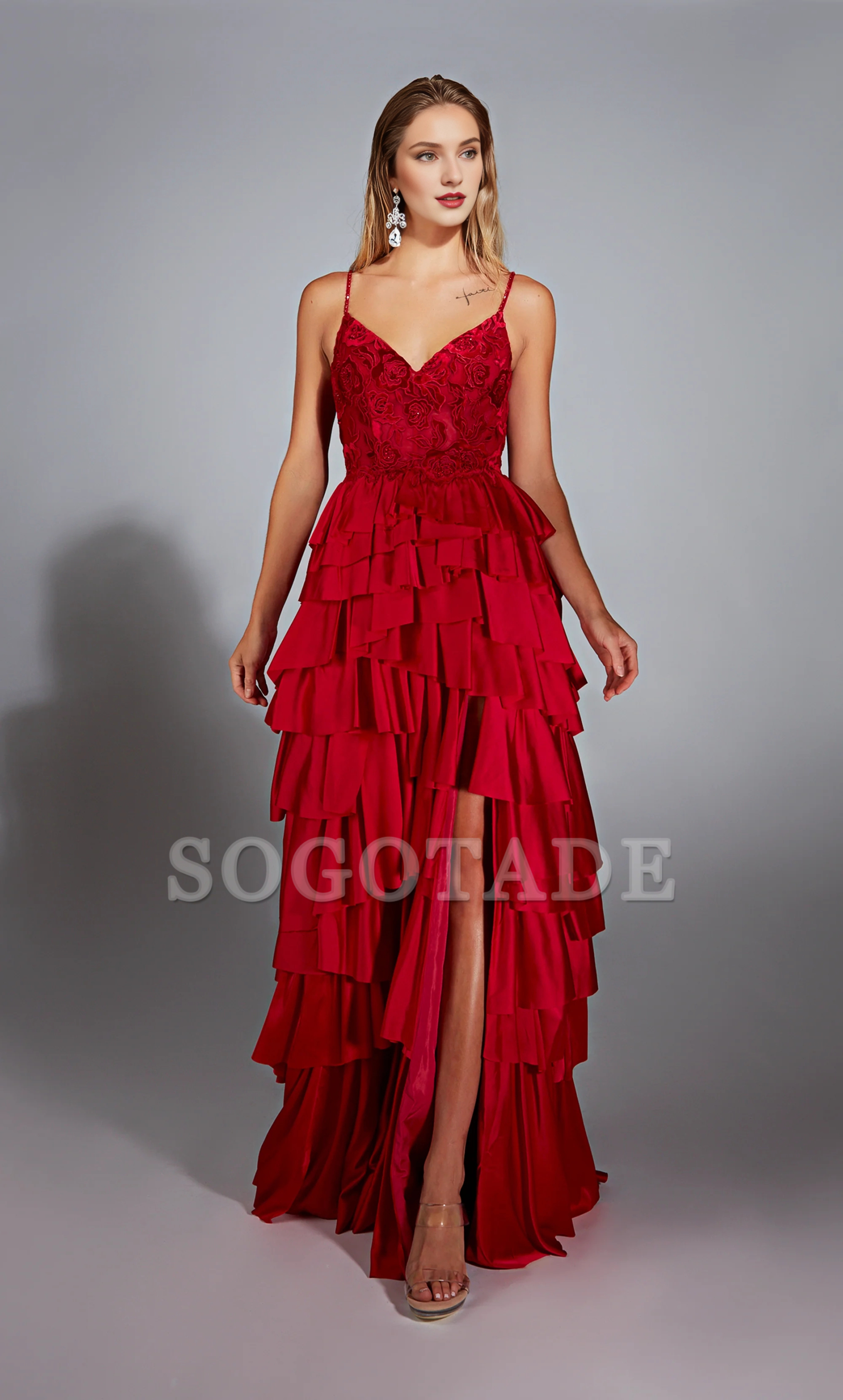 Satin chiffon evening gown V-neck A-line tight corset with slit long formal dress