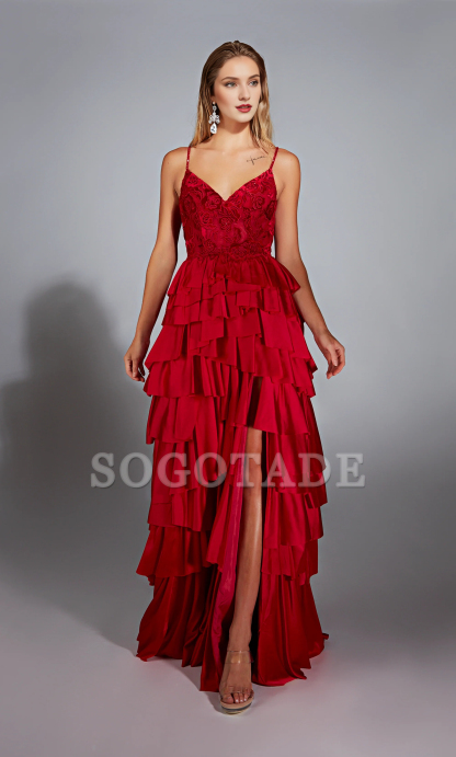 Satin chiffon evening gown V-neck A-line tight corset with slit long formal dress