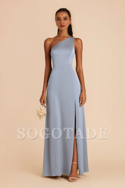 One shoulder collar fully lined trumpet shaped mermaid slit bridesmaid dress