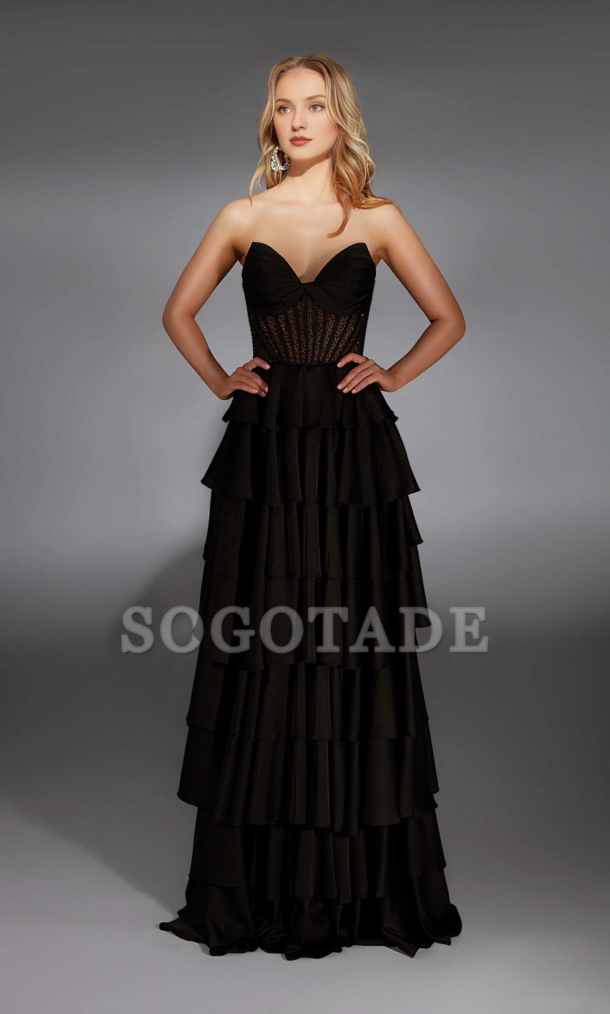 Satin chiffon strapless A-line evening gown backless tight corset ruffled skirt long formal dress