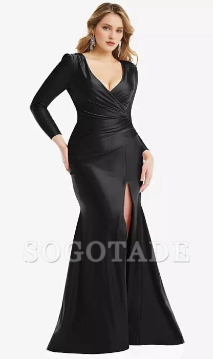 Long sleeved drape wrapped  satin fishtail Prom dress