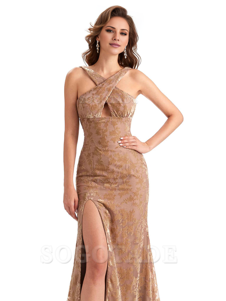 Sexy Side Slit Mermaid Cultivate oneself Lace Floral Velvet Long Bridesmaid Dresses Formal Women's Dresses Wedding Guests Dresses