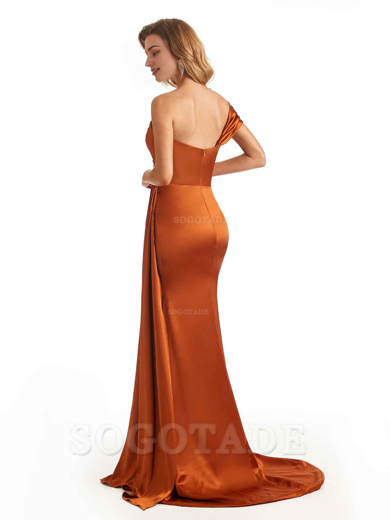 Elegant One Shoulder Soft Satin Long Mermaid Bridesmaid Dresses Online prom shop dresses ﻿