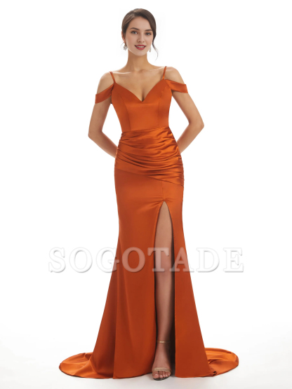 Sexy off shoulder soft satin side slit long fish tail bridesmaid dress