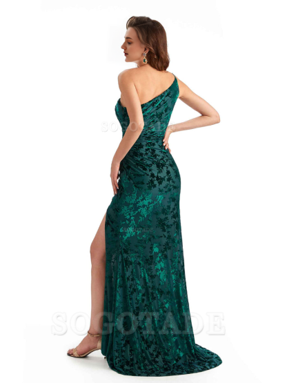 Charming Sexy One Shoulder Side Slit Mermaid Floral Velvet Long Exquisite Bridesmaid Dresses Formal Women's Dresses Wedding Guests Dresses