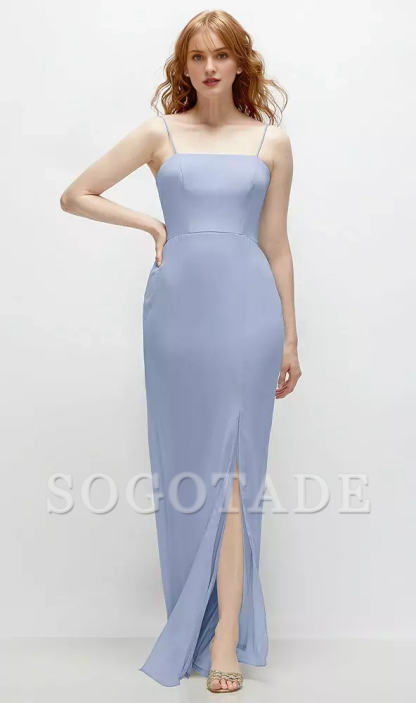 Front slit back strap hollow horn and floor length Prom dress
