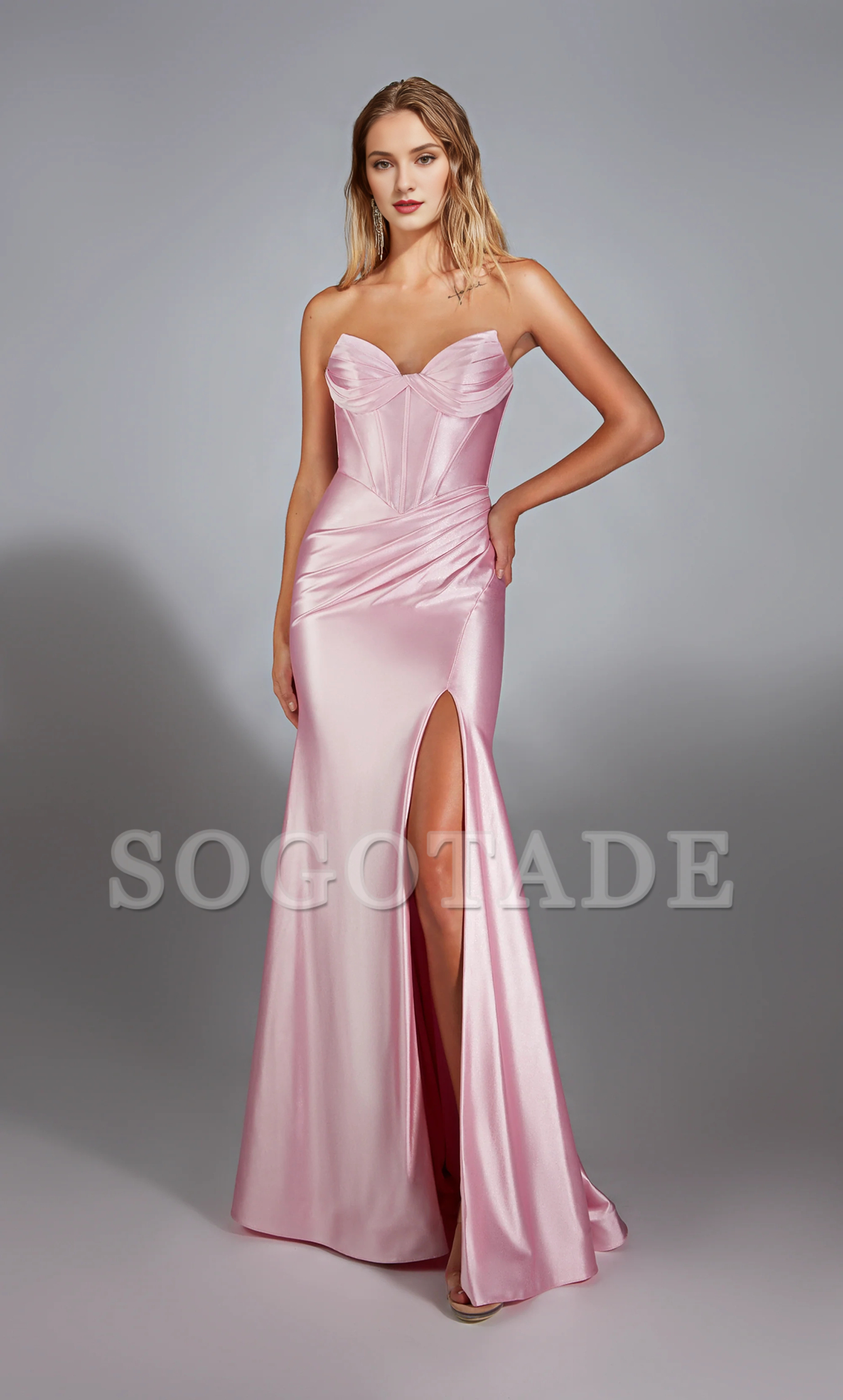 Satin strapless slim evening gown with trumpet shaped lace up tight corset and slit long formal dress