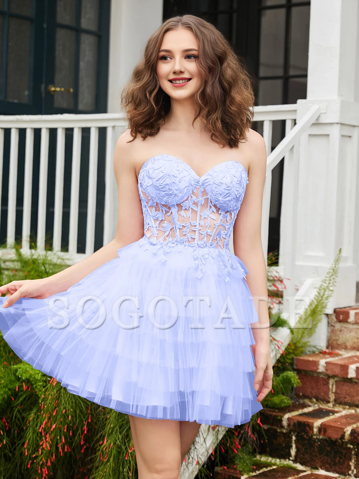 Transparent decal tight corset layered sheer short Homecoming dress