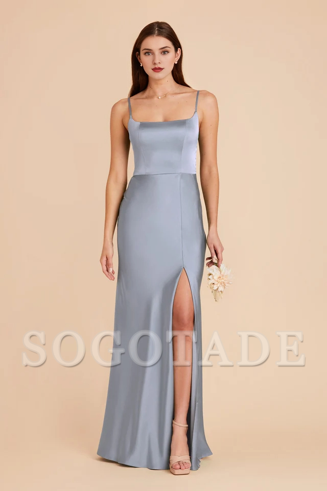 A-line front slit spoon neck satin bridesmaid dress-SOGOTADE
