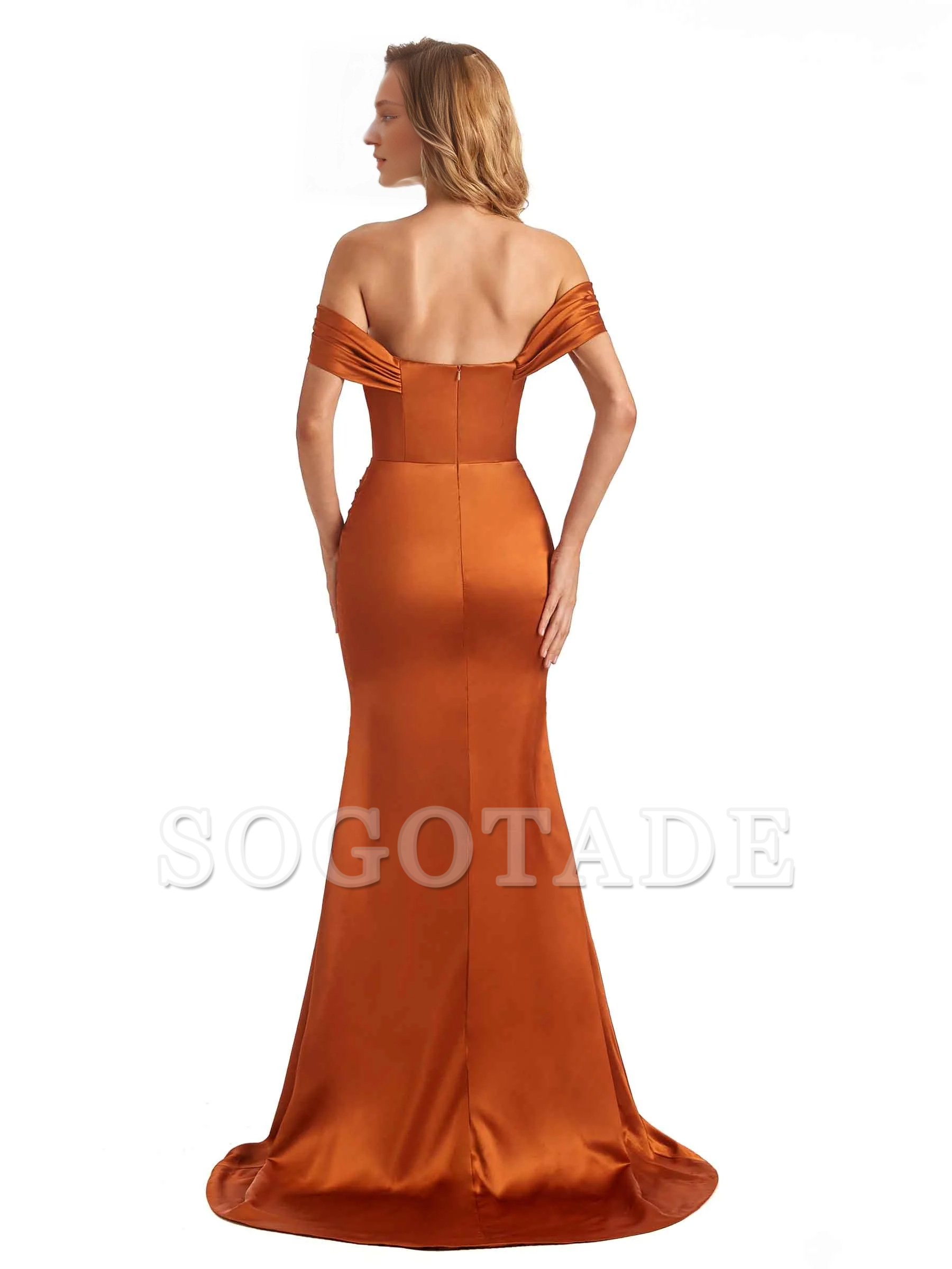 Sexy side slit mermaid off shoulder V-neck extra long soft satin bridesmaid dress