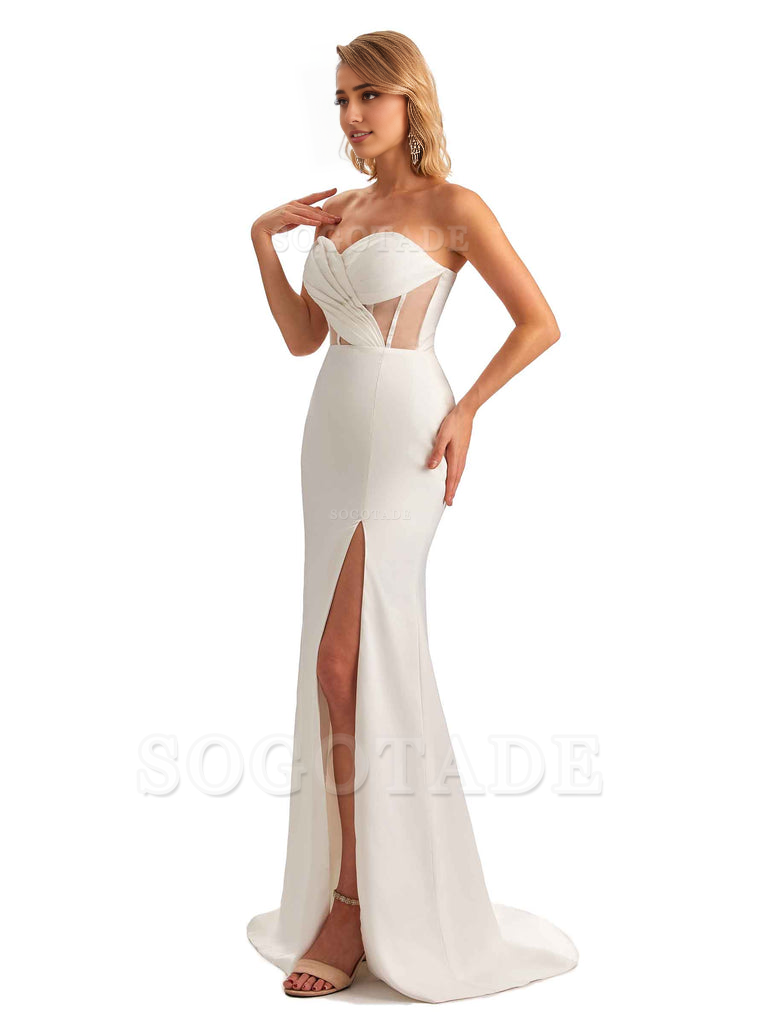 Sexy Sweetheart Strapless Side Slit Mermaid Soft Satin Unique Long Bridesmaid Dress For Wedding