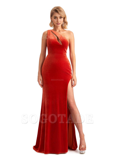Sexy Sleeveless Floor Length Mermaid One Shoulder Side Slit Velvet Long Bridesmaid Dresses